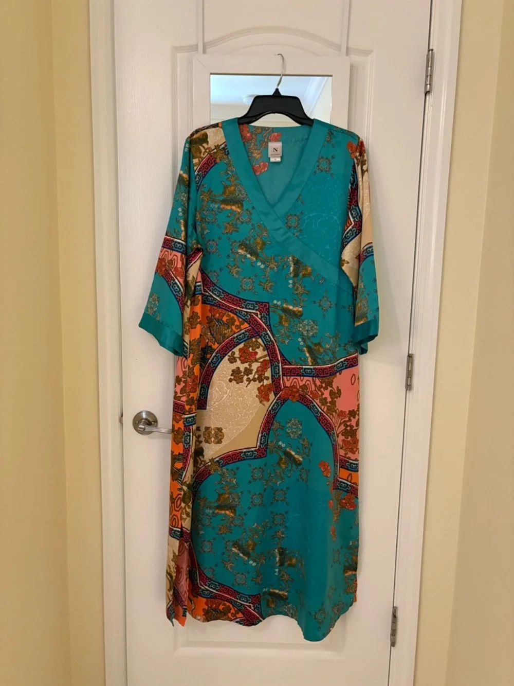 Natori Turquoise Multicolor Printed V-Neck Midi Dress - Picture 1 of 4
